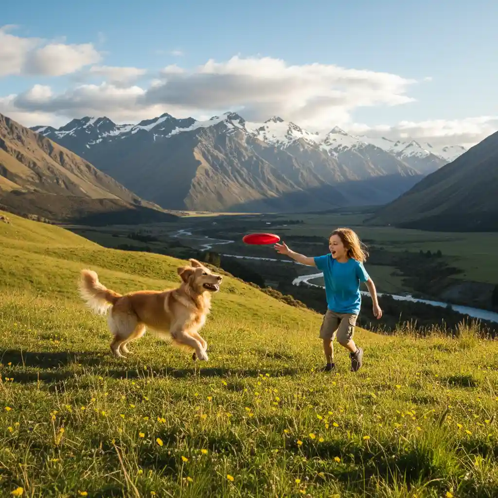 Golden Retriever playing outdoors in a New Zealand landscape