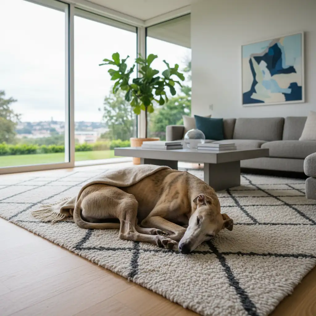 Retired Greyhound resting in a family home