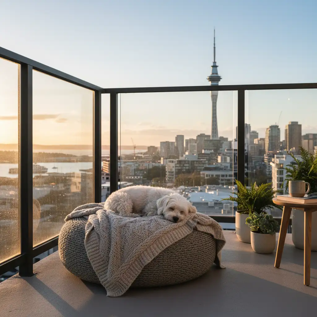 Small dog relaxing on an Auckland apartment balcony