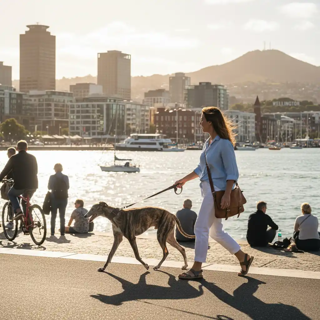 Walking a greyhound on Wellington waterfront