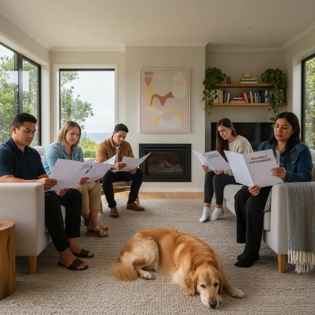 Tenants reviewing a tenancy agreement with their dog