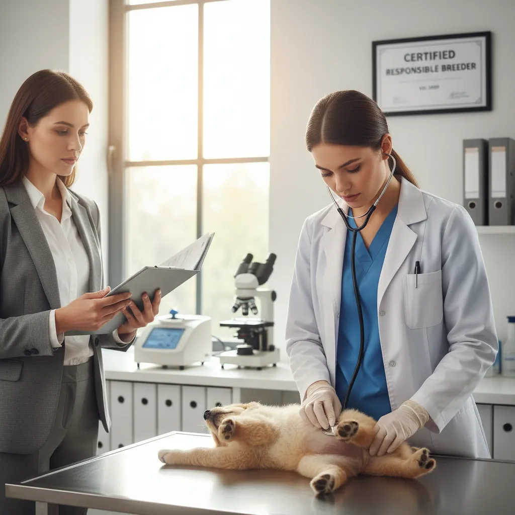 Veterinarian examining a puppy with breeder holding health documents