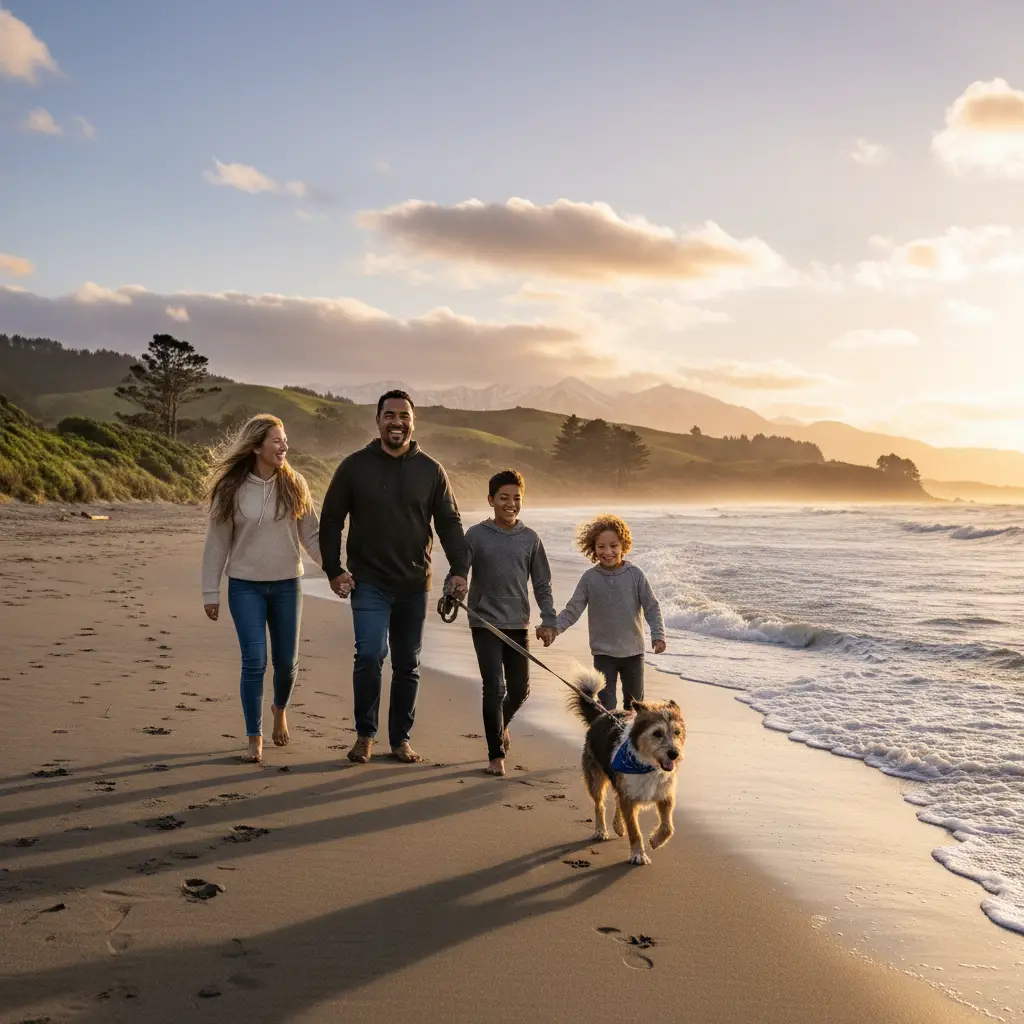 Family walking dog on NZ beach
