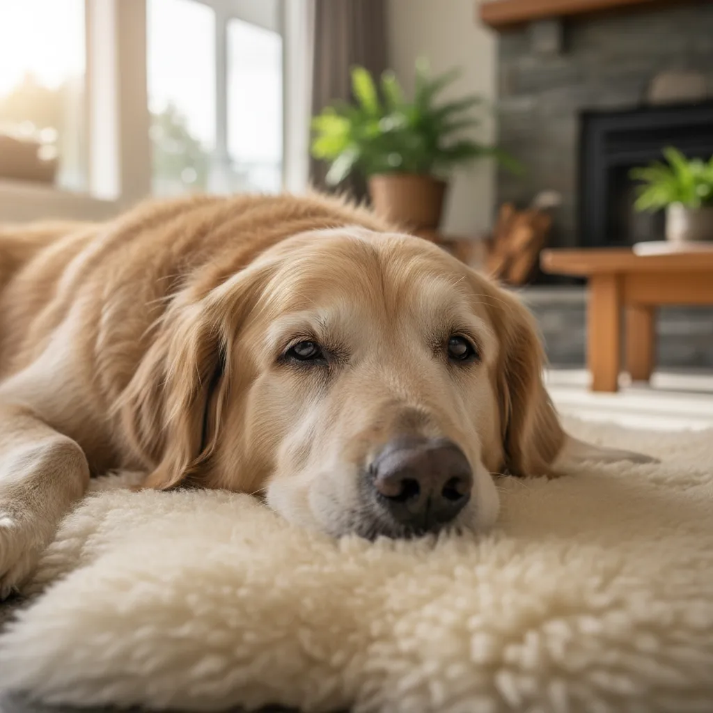 A senior Golden Retriever resting indoors