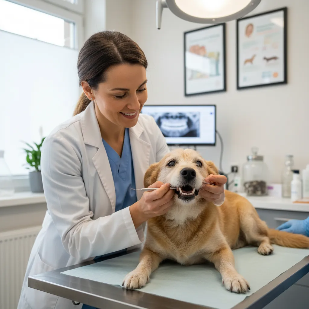 Veterinarian examining a senior dog