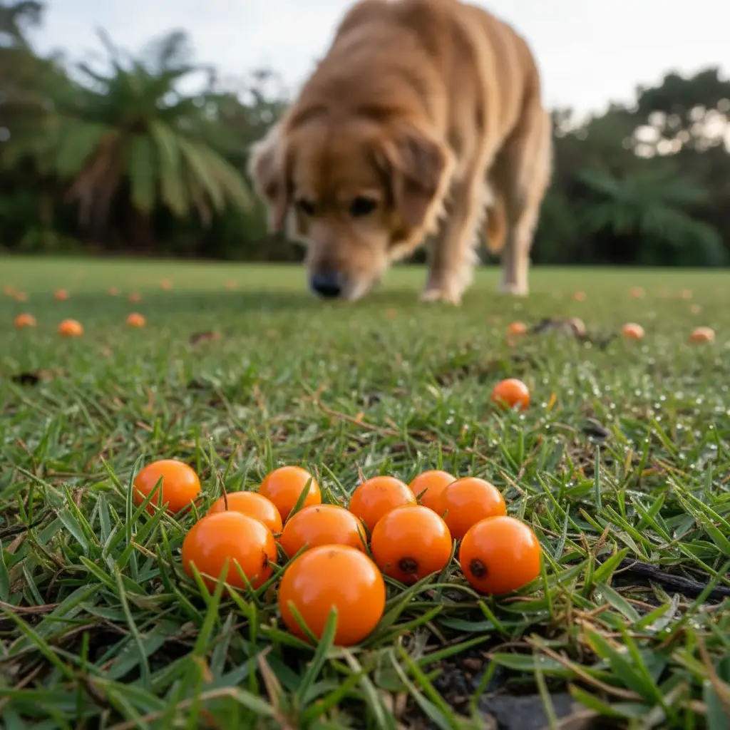 Orange Karaka berries on the ground presenting a danger to dogs