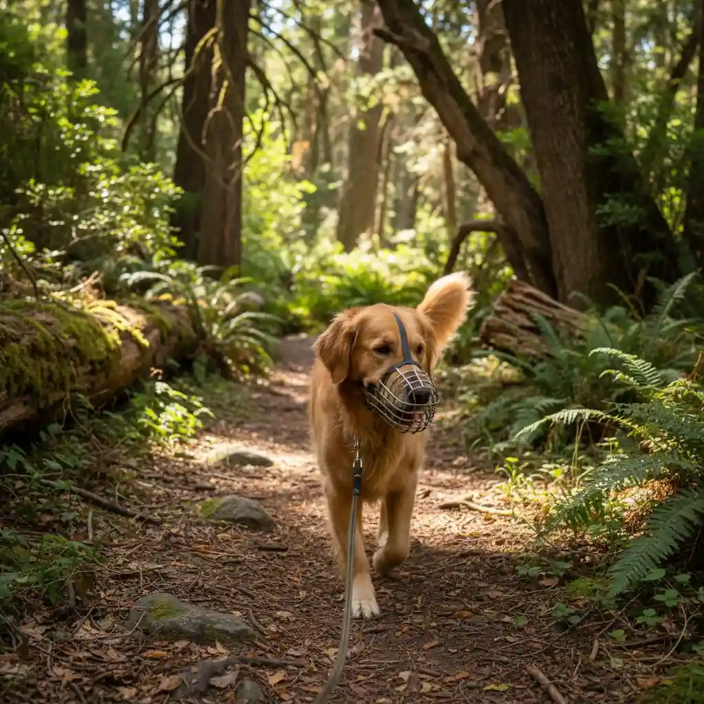 Dog wearing a muzzle for safety in 1080 area
