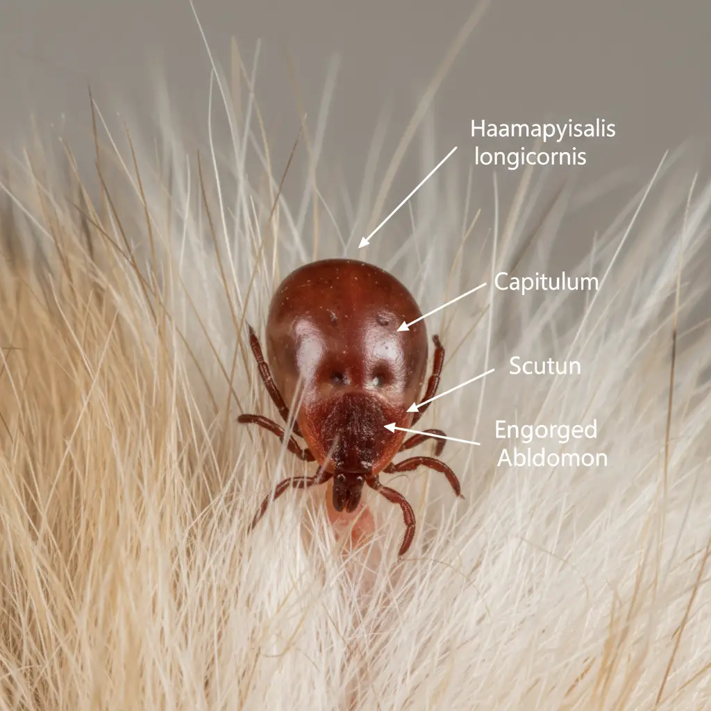 Close up of a cattle tick attached to dog fur