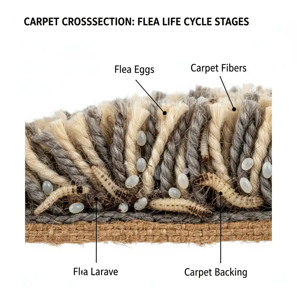 Diagram of flea life cycle in home carpet