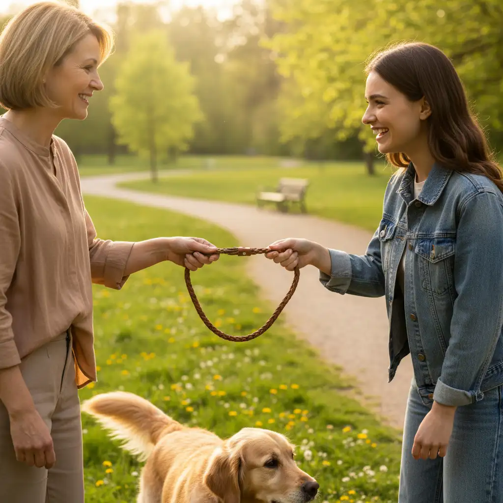 Safe pet handover in a park setting