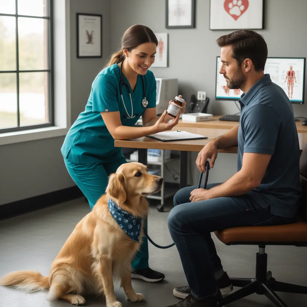 Veterinarian consulting with dog owner about anxiety medication