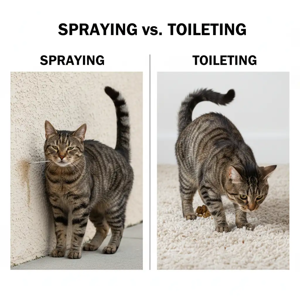 Diagram showing the difference between cat spraying posture and squatting to urinate