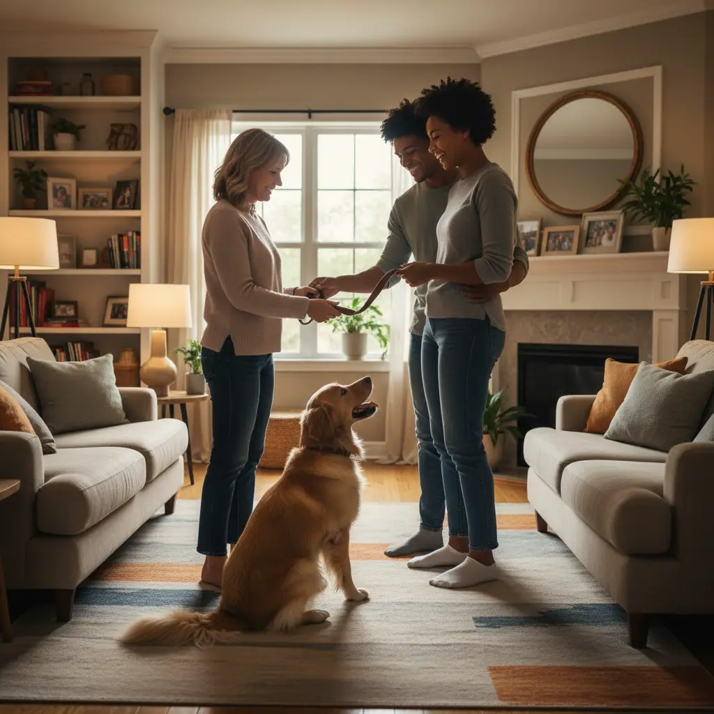 A calm transition of a dog from one owner to another in a home environment