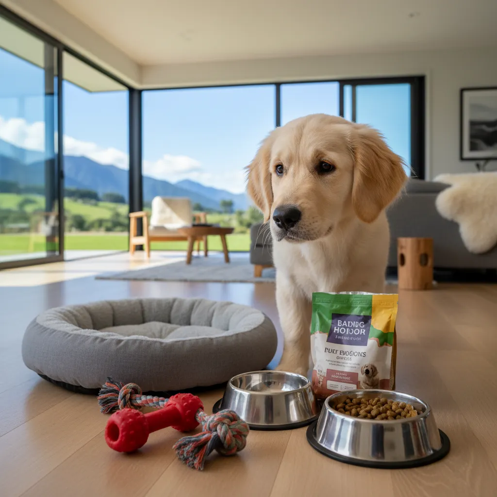New puppy surrounded by essential dog supplies in a home