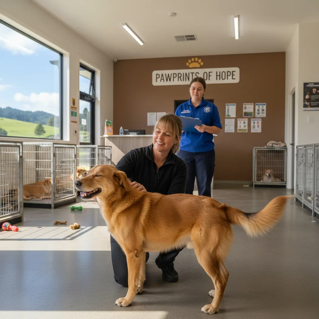Person petting a dog at a New Zealand animal shelter