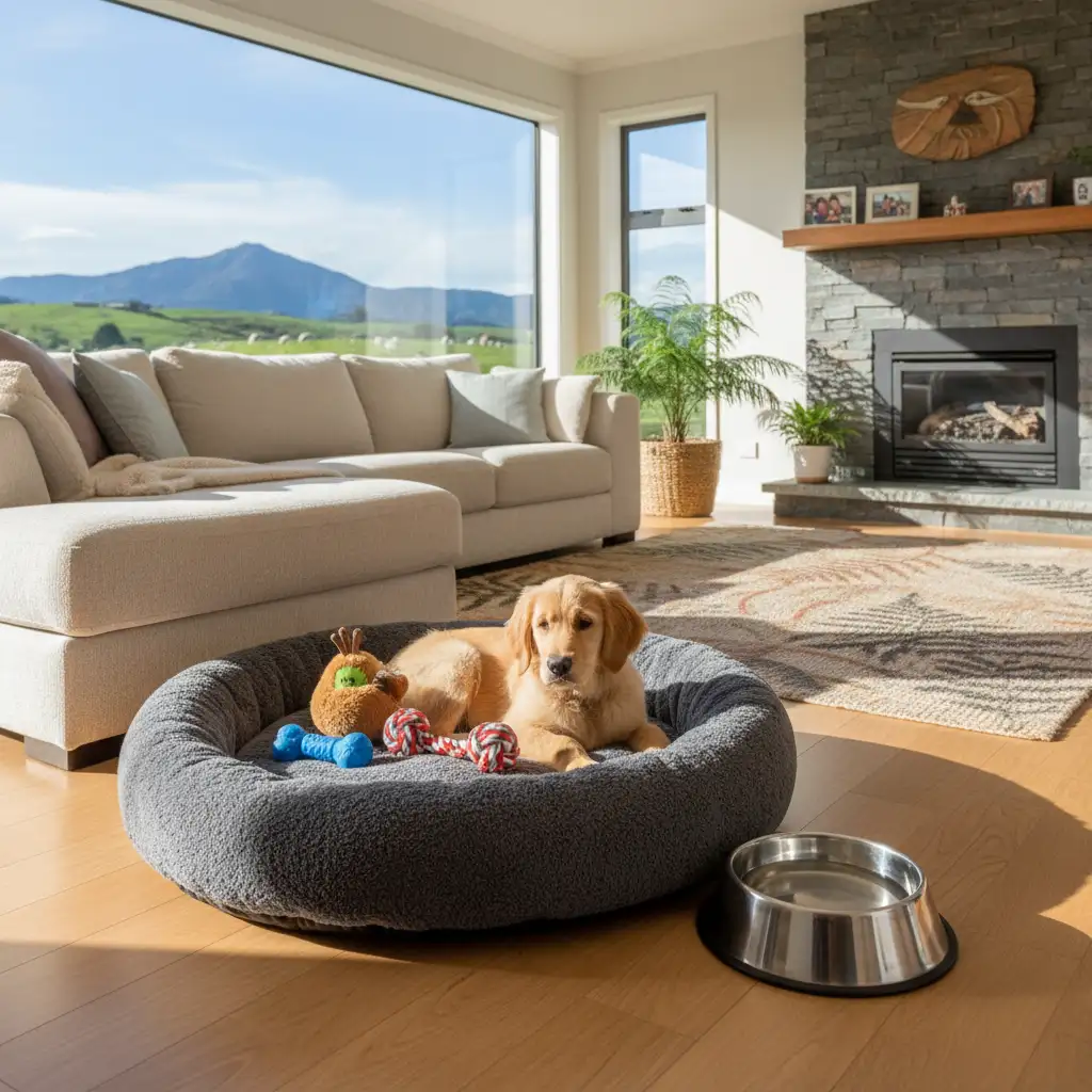 Dog-proofed living room with a new dog bed