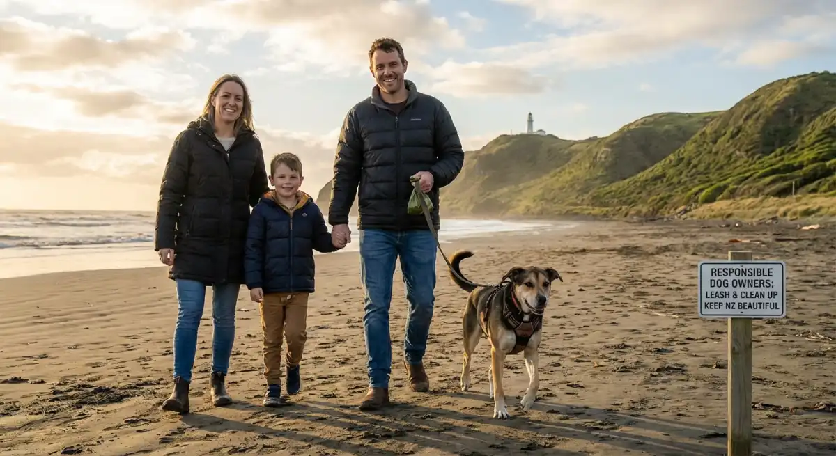 Family with adopted dog on a New Zealand beach