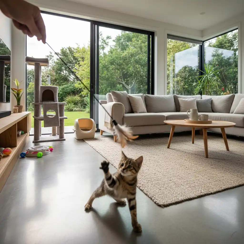Playful tabby kitten in a New Zealand home