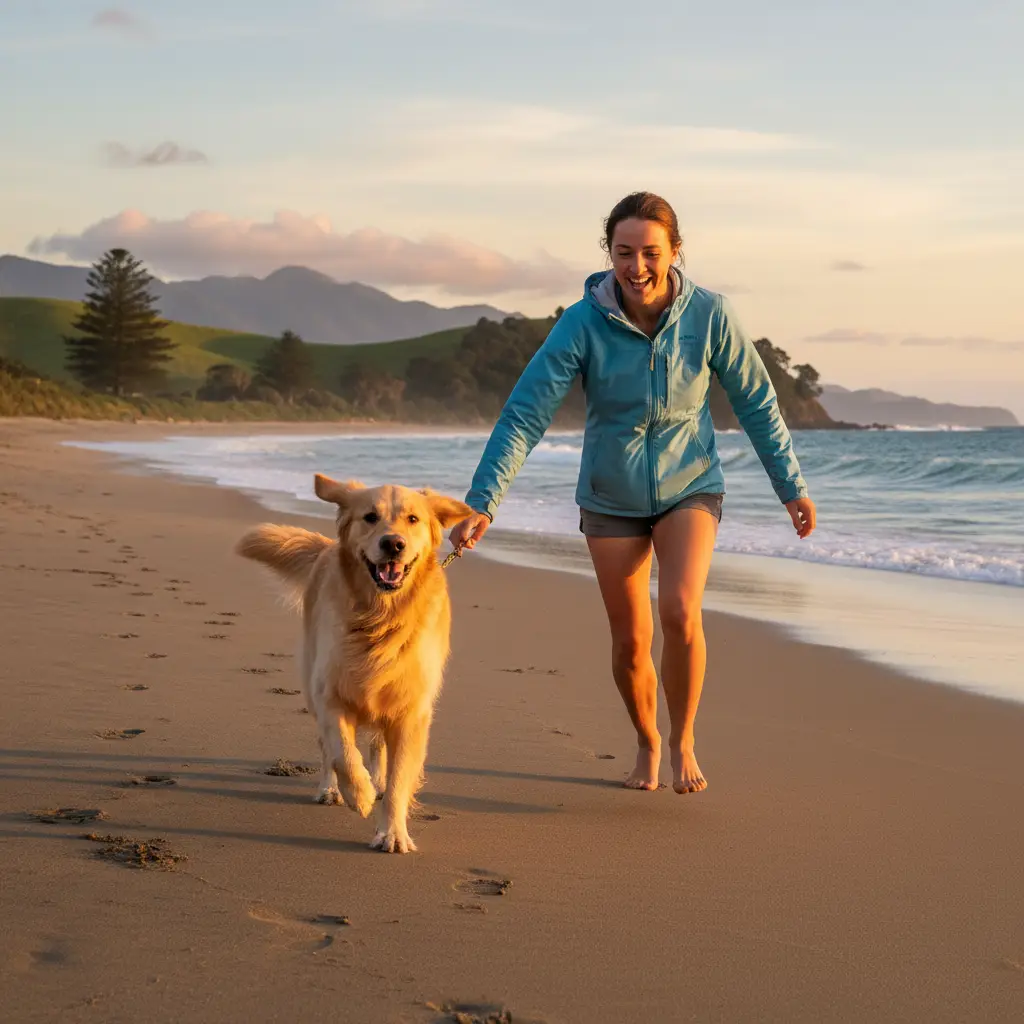 Three-legged dog enjoying a New Zealand beach with its owner
