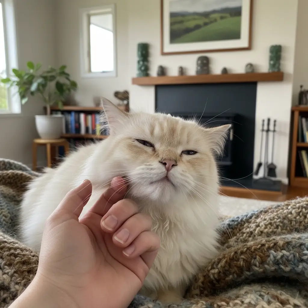 Blind cat being petted, showing comfort and trust