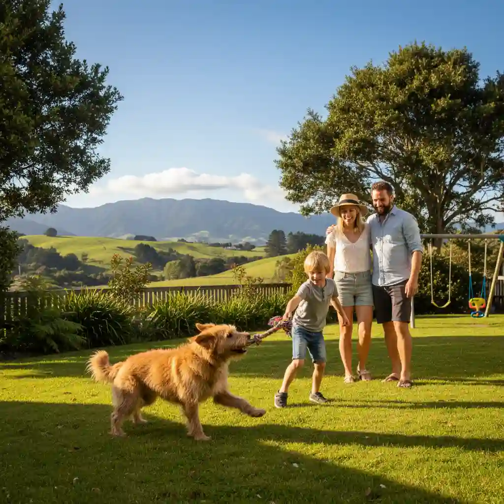 A family joyfully welcoming their newly adopted dog into their New Zealand home.