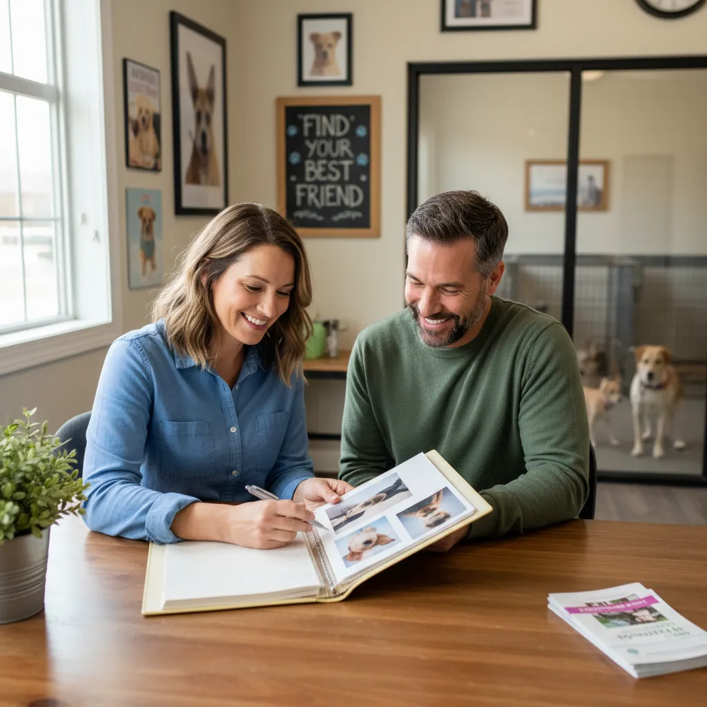 An adoption counsellor discusses a pet's profile with a potential adopter at a New Zealand shelter.