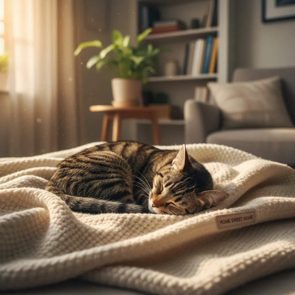 A content adopted cat peacefully sleeping in its new forever home.