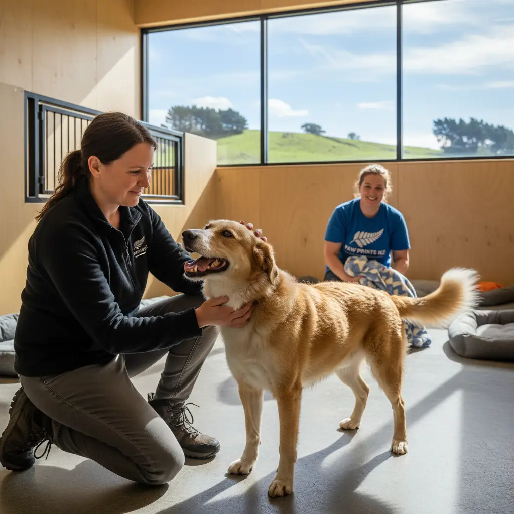 Person petting a happy rescue dog in a New Zealand shelter