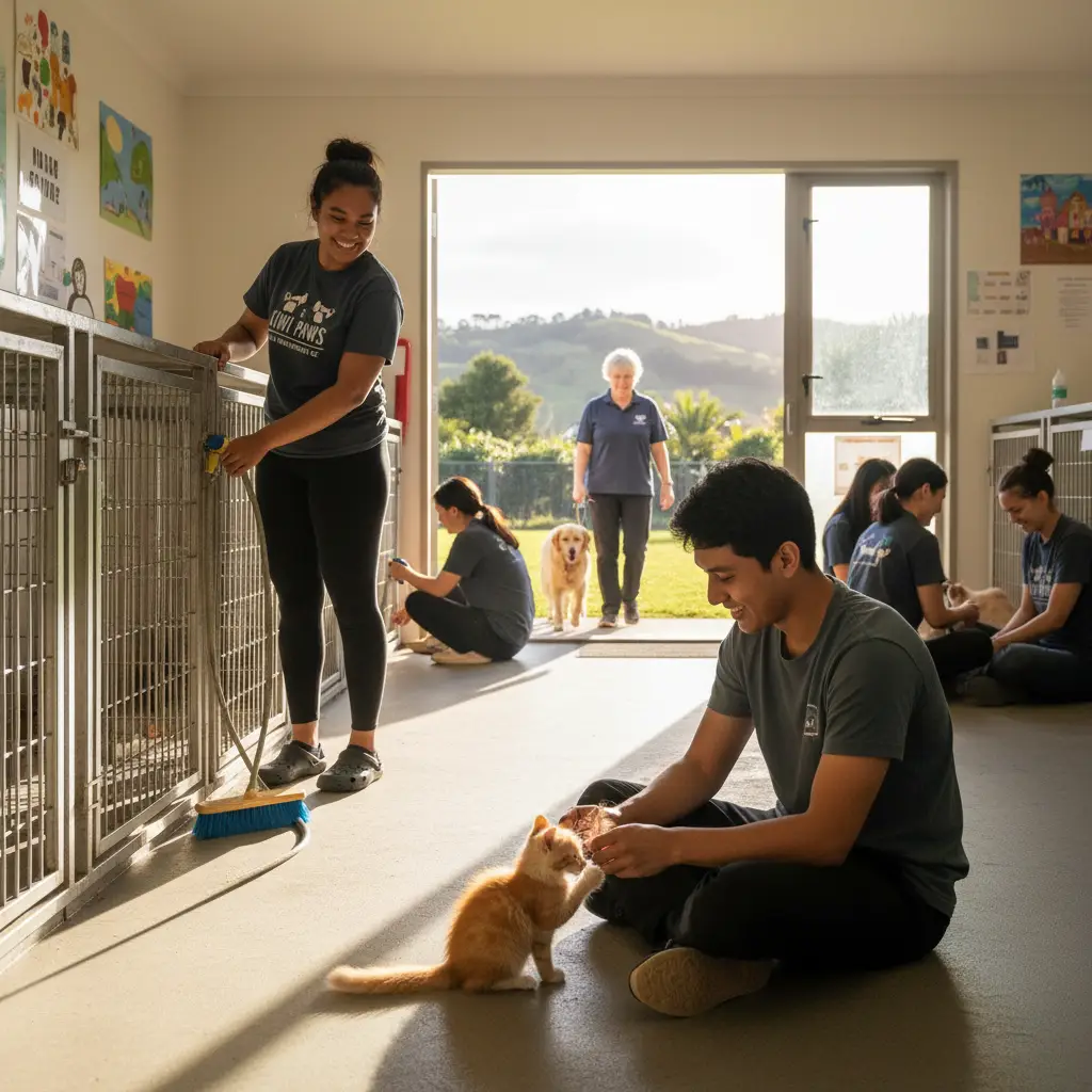 Volunteers interacting with rescue animals at an NZ shelter