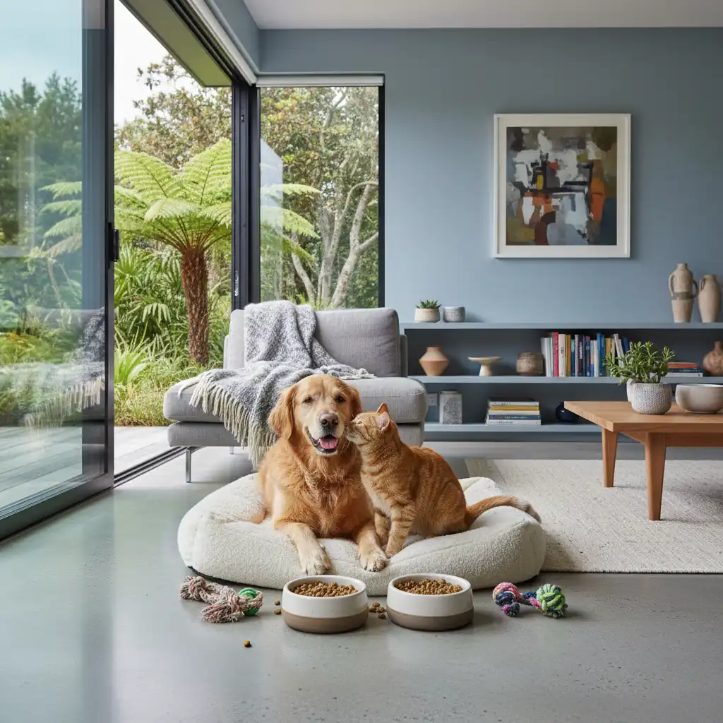 A dog and cat peacefully coexisting in a well-prepared home.