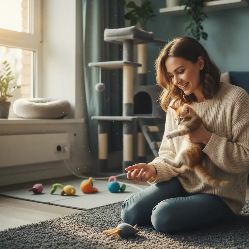 A pet owner gently interacting with a new kitten in a safe home.