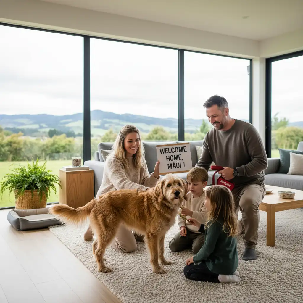 Family welcoming a rescue dog in a modern New Zealand home