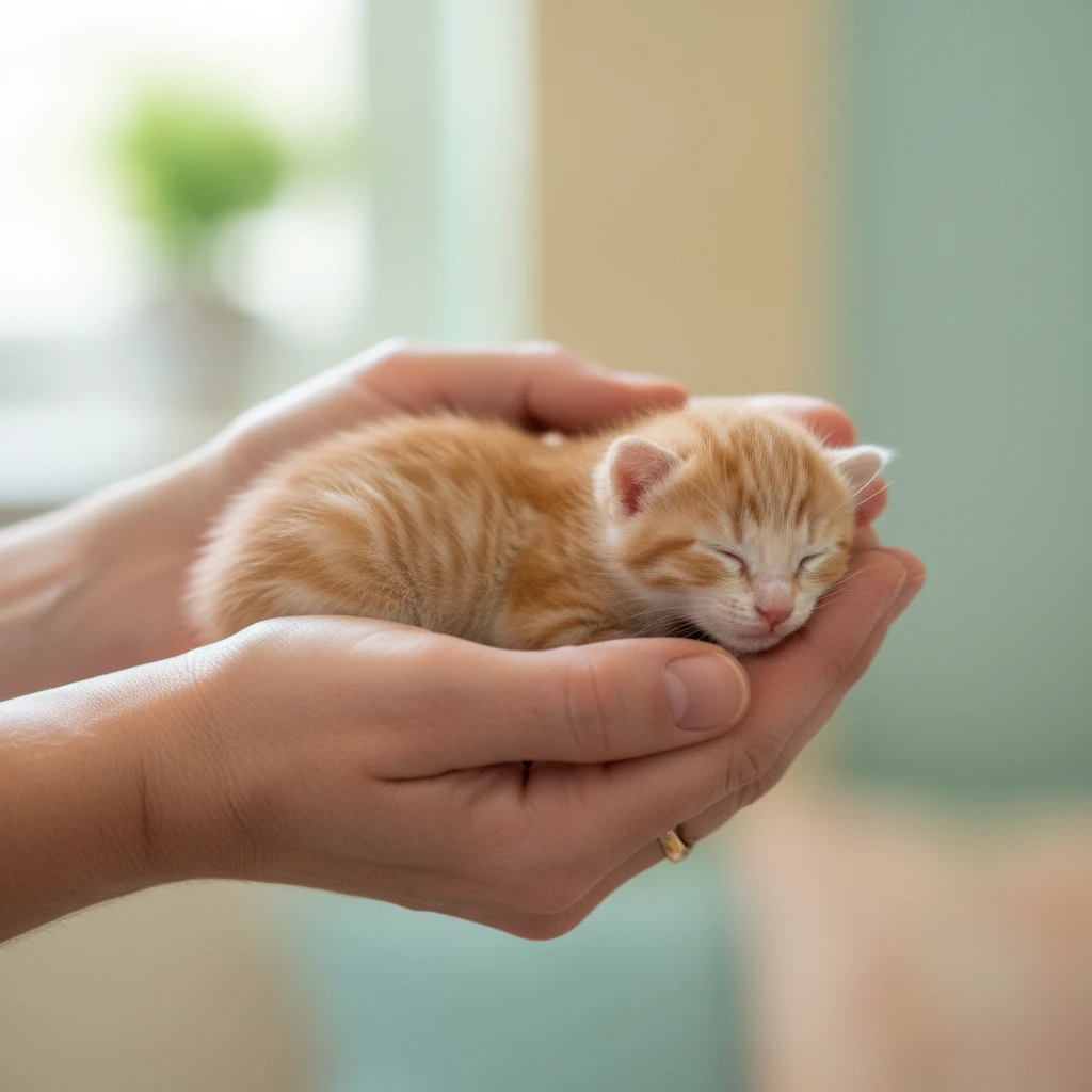 Two hands gently holding a small kitten