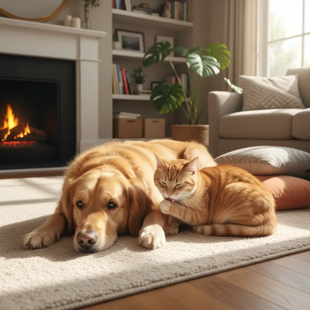 A peaceful home scene with a dog and cat coexisting happily, representing the ideal outcome of home-to-home pet rehoming.