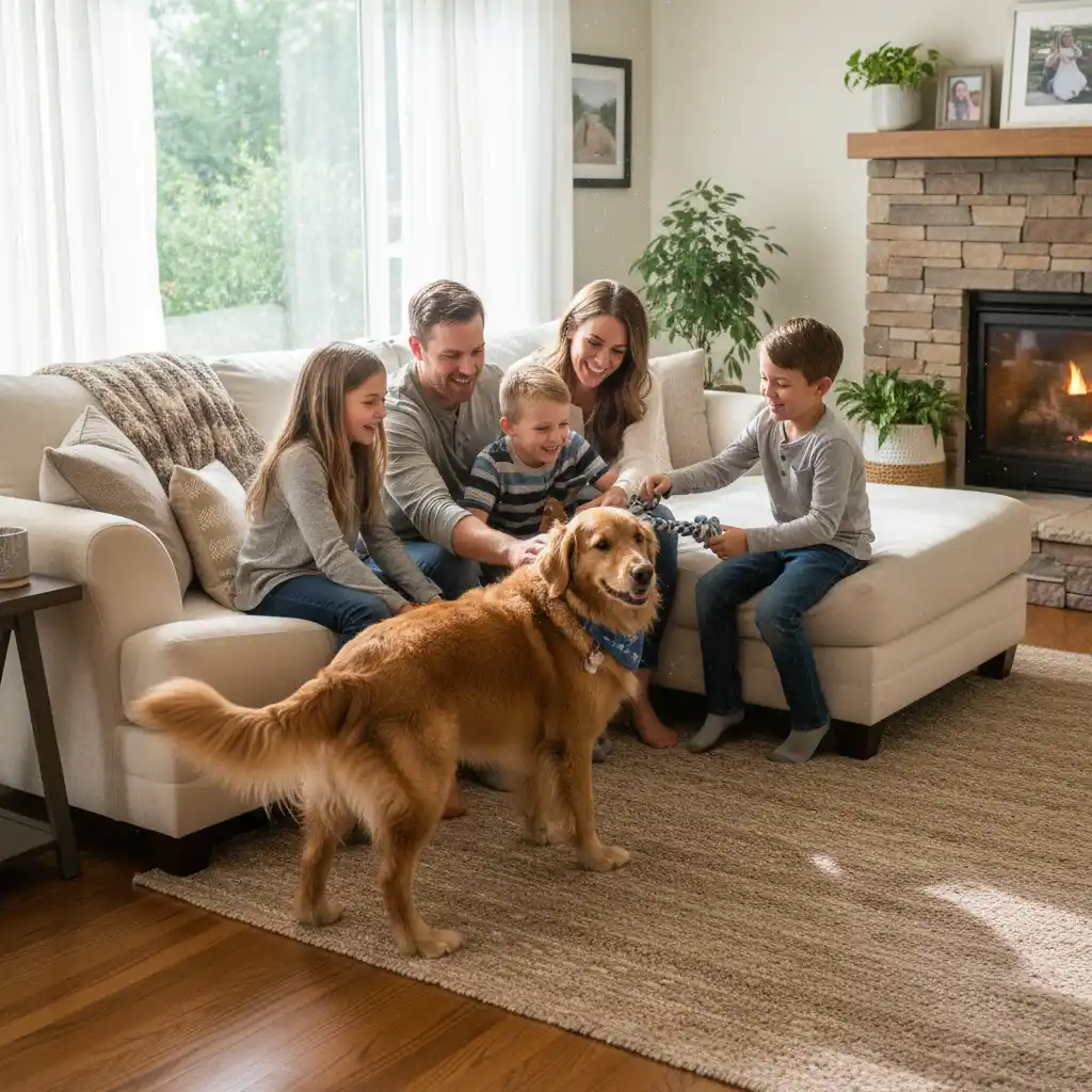 A happy family welcoming their new pet dog into their home, symbolising a successful home-to-home adoption.