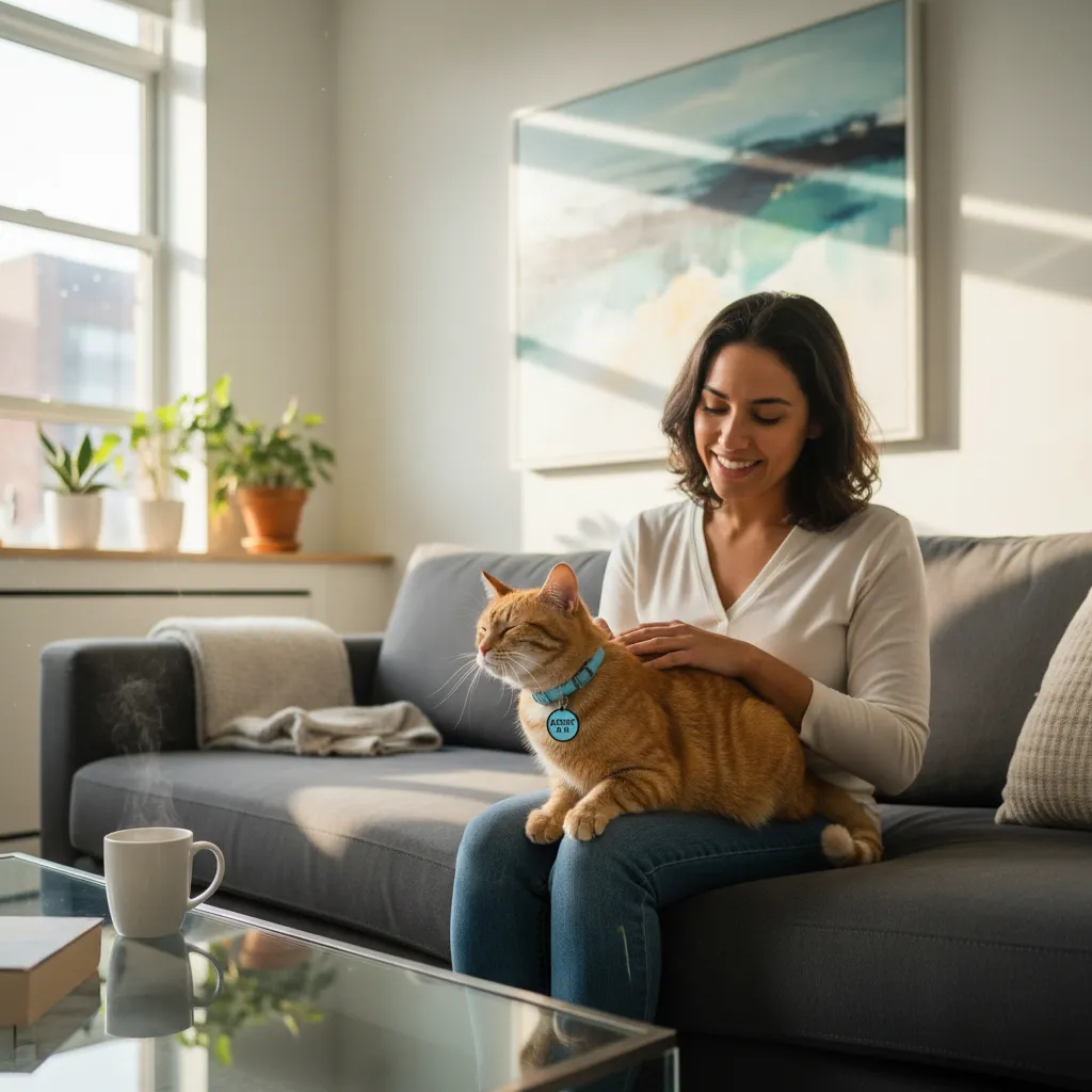 A person petting a happy cat in a living room, illustrating the joy of connecting with a new pet.