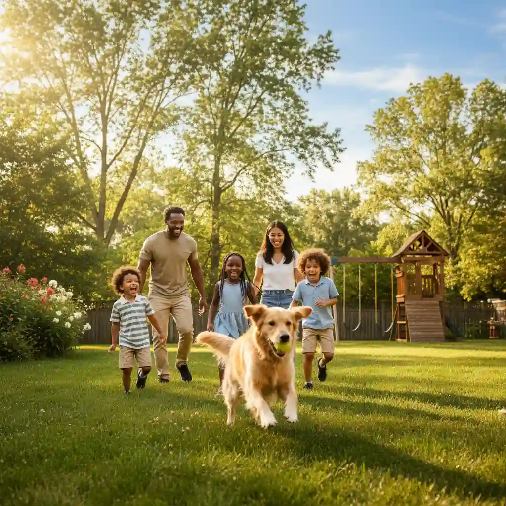 A family playing with a dog in their backyard, symbolizing a harmonious match between pet and lifestyle.