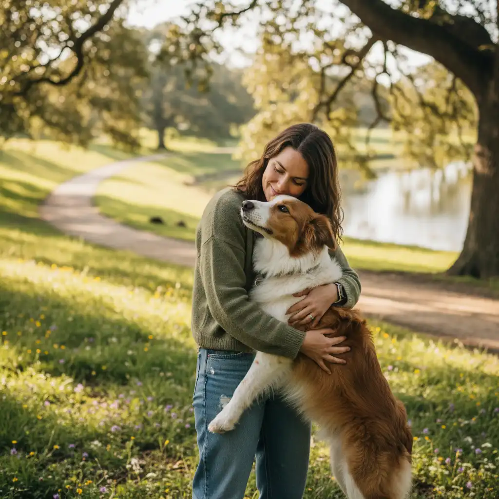 A person hugging a dog in a park, representing the loving bond between an adopted pet and owner.