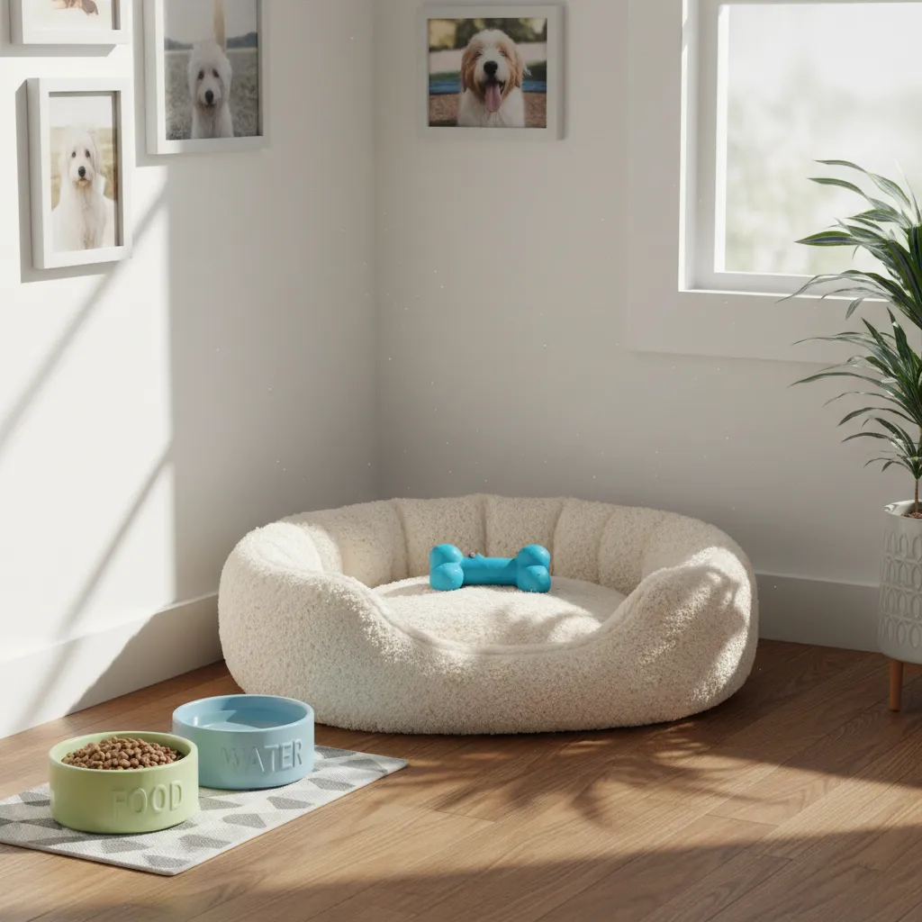 Essential pet supplies including food bowls, a dog bed, and various toys arranged in a welcoming home environment.