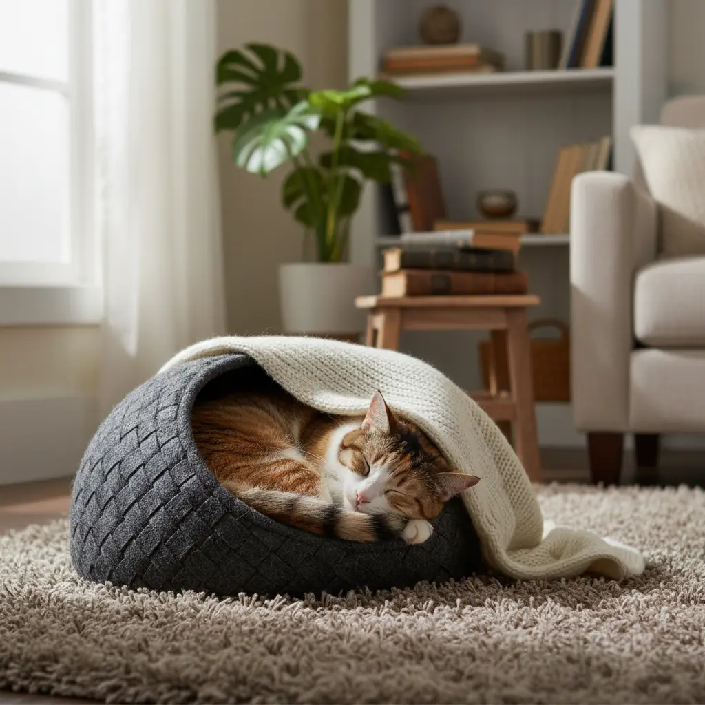 A comfortable and private cat bed serving as a safe retreat in a peaceful home setting.