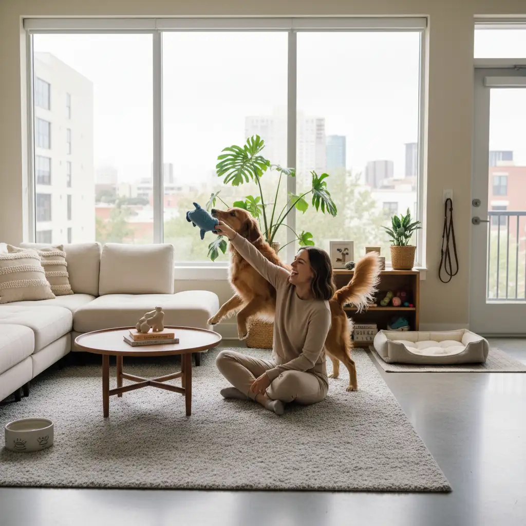 A well-behaved dog playing with its owner in a tidy, pet-friendly apartment.