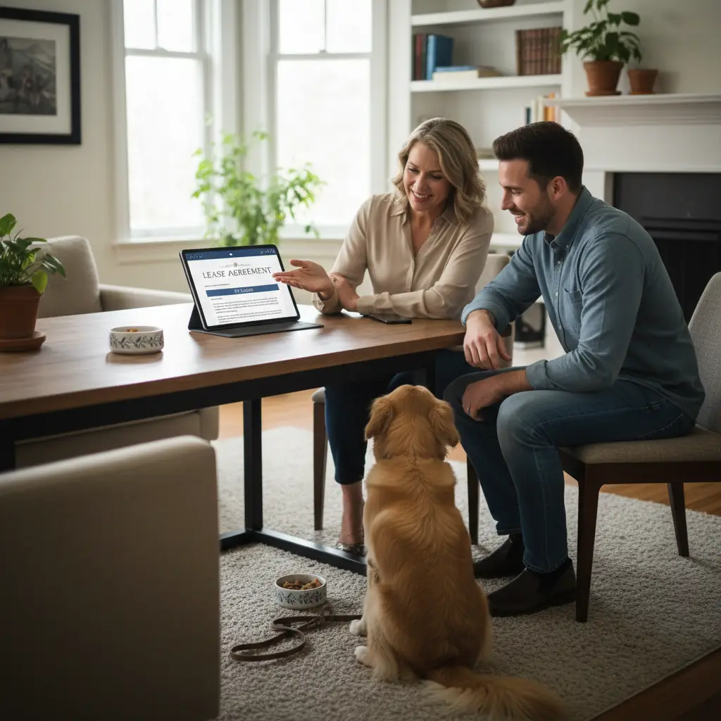 Landlord and tenant discussing pet clause in lease agreement with a calm dog present.