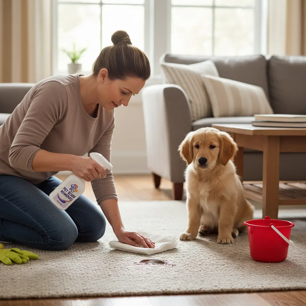 Owner responsibly cleaning up a small pet mess on the rug.
