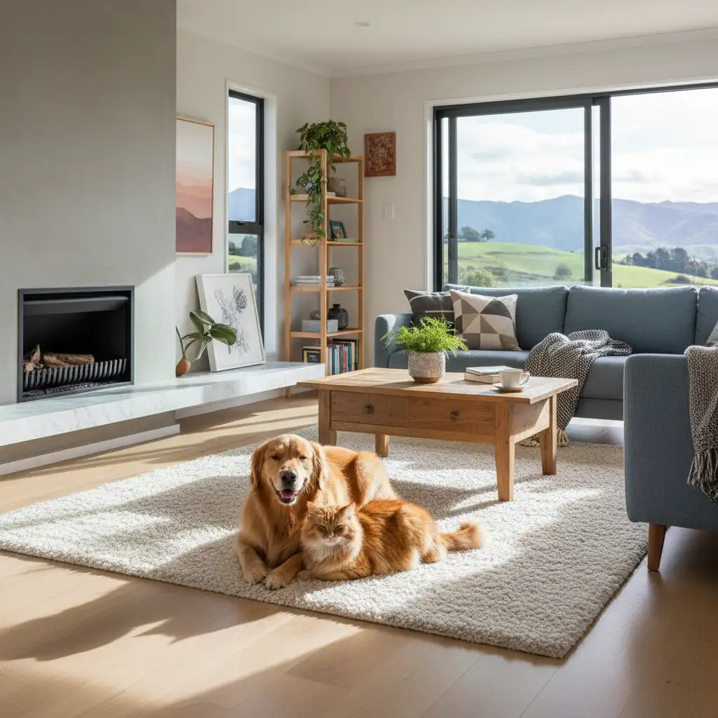 A happy dog and cat in a pet-friendly NZ rental living room