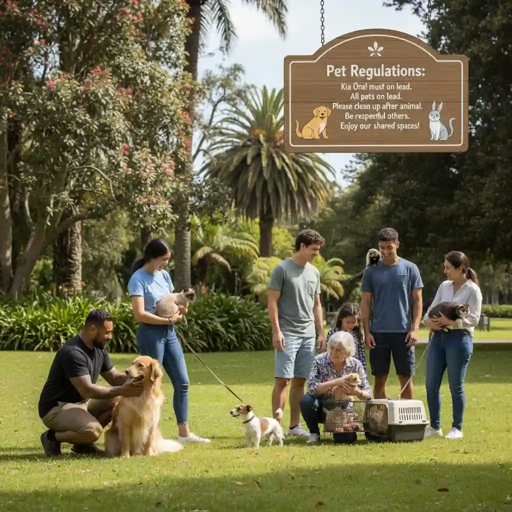 New Zealand pet owners responsibly enjoying time with their diverse pets in a park