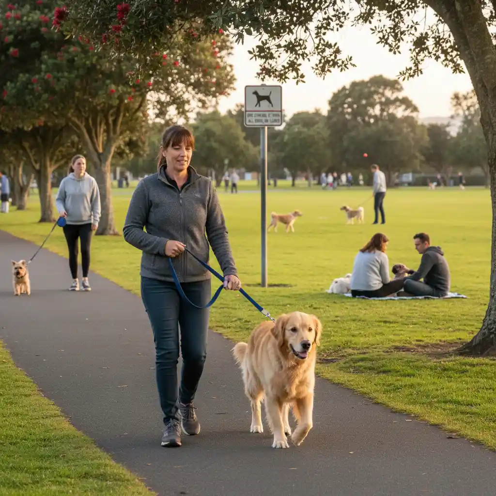 Responsible dog owner with dog on a leash in a New Zealand park