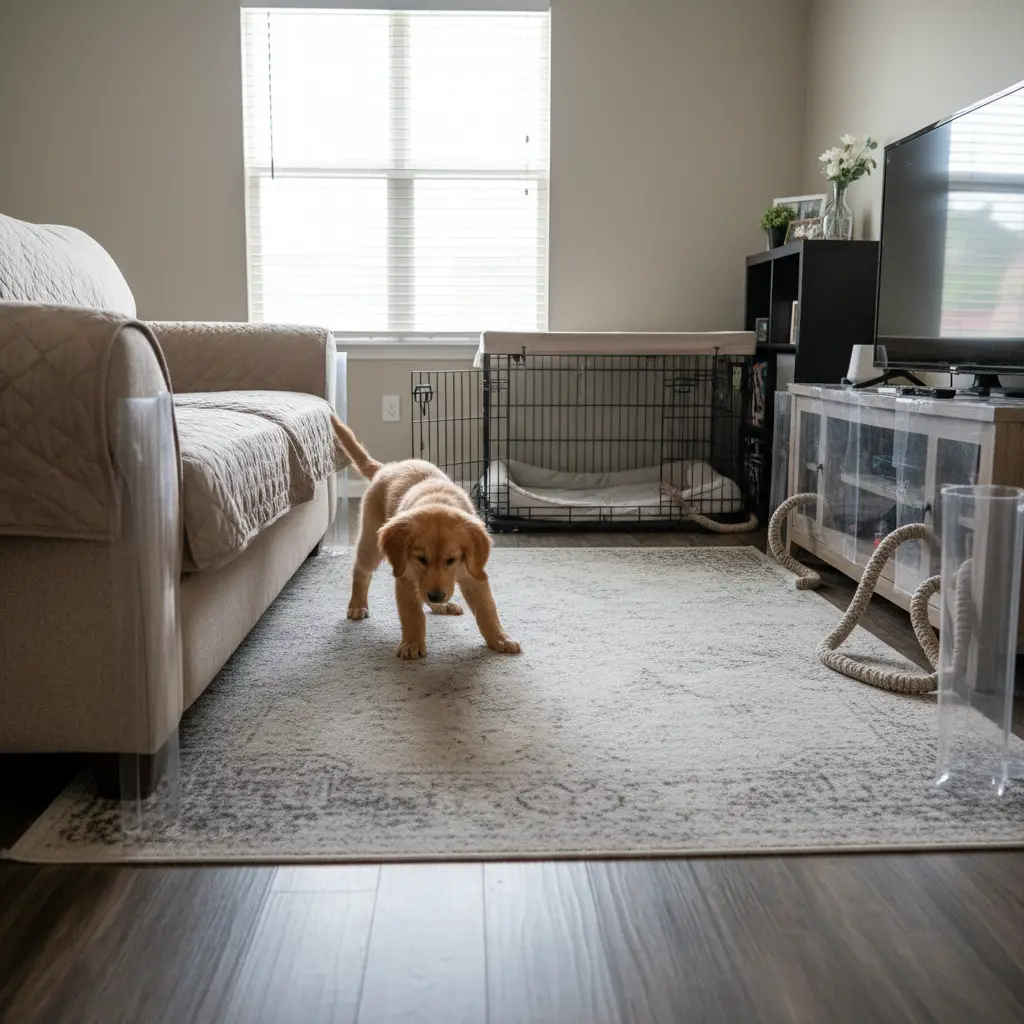 Dog in pet-proofed living room