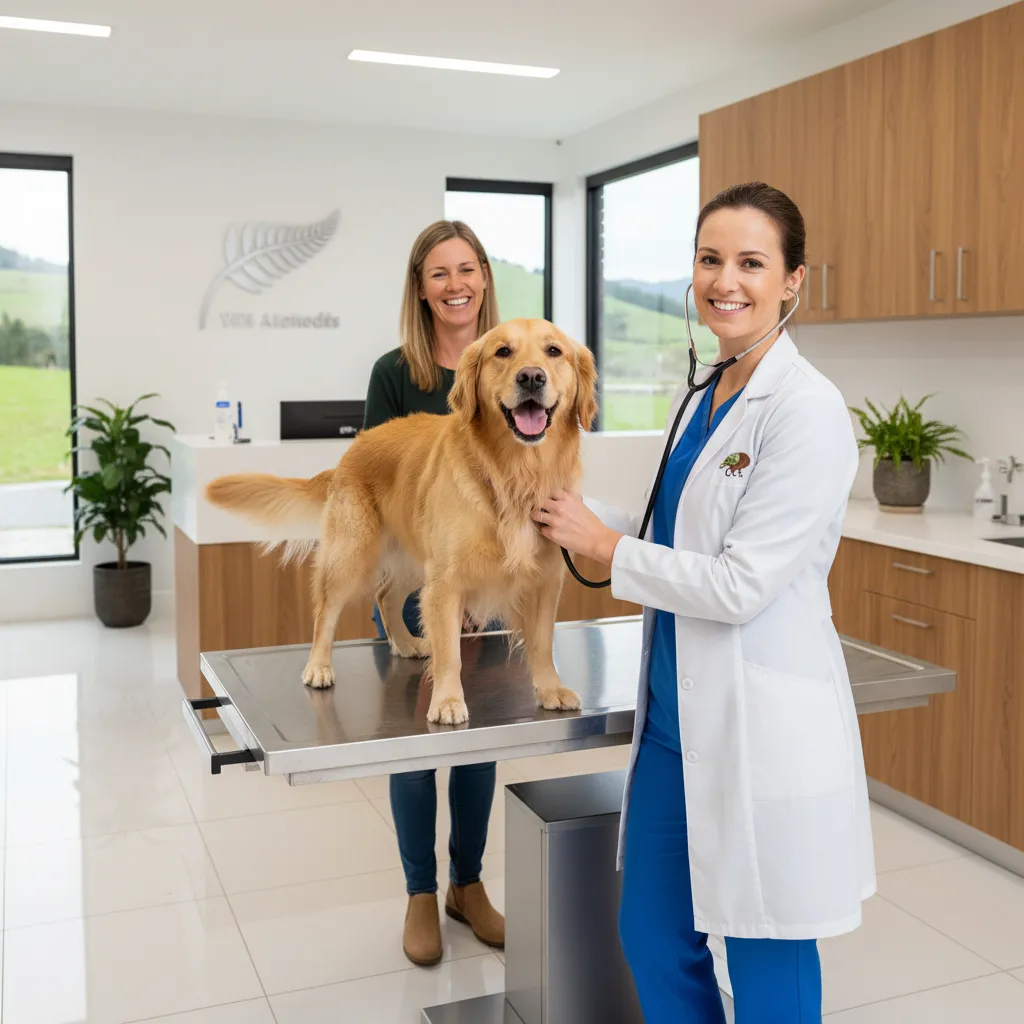 Veterinarian examining a dog in a modern New Zealand clinic