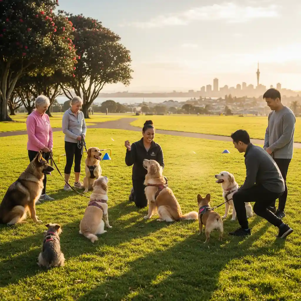 Pet owners and dogs at a community training class in New Zealand