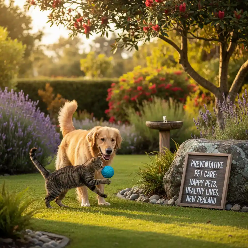 Happy dog and cat playing, embodying preventative pet care in NZ